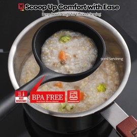 Cooking Ladle: Silicone Kitchen Utensil with Long Wooden Handles, Heat Resistant Cookware, Protects Surfaces with Gentle Head Design, Portion Batter, Professional Chef Wok Soup Ladle