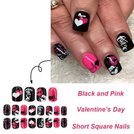 24 Pcs Press on Nails Black&Pink Fake Nails Set Short Square False Nails Love Heart Lips Designs Glossy Full Cover Acrylic Nails Kit Stick on Nails for Women Nail Art Decorations
