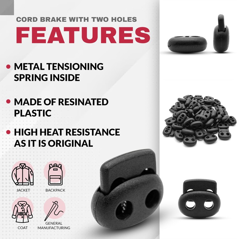 DOJA Barcelona Cord Locks, Black, 25 mm, Plastic Cord Closures,