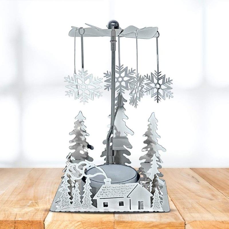 Silver Winter Cabin Candle Spinner - Silver Plated Laser Cut