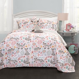 Lush Decor Pixie Fox Reversible 4 Piece Bedding Gray/Pink-Full/Queen Quilt Set, Gray & Pink