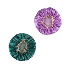 Bathora Shower Caps for Women 2pcs, Reusable satin lined Bath Cap, Waterproof hair cap for shower bonnet, hair cover green and purple