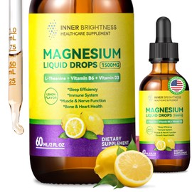 Magnesium Glycinate Liquid Drops 1500mg with Magnesium Citrate & Taurate, L-Theanine, Vitamin D3, B6 - Supports Calm, Sleep, Muscle Relaxation, Leg Cramps & Energy, Lemon Flavor, 60 mL