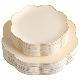 supernal 60pcs Ivory Gold Plastic Plates Heavy Duty Scalloped Plastic Plates Disposable Cream Color Includes: 30 Dinner and 30 Dessert Plate Perfect for Party Wedding Birthday and Ceremony
