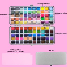 Solid Watercolor 100 Color Set, Solid Watercolor, Watercolor Paint Set, Water Brush Pen with Palette, Portable Box, Watercolor, Travel Set, Artists, Beginners to Professionals, Kids and Adults
