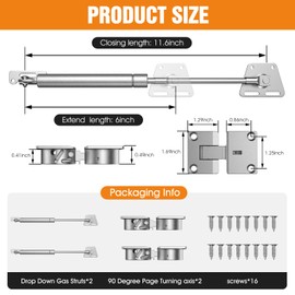 Drop Down Gas Struts,Gas Spring Hinge,for Cabinet and Desk Downward Flap Slowly Down,with 90 Degree Page Turning axis,Only Open Down The Door (4, Silver)