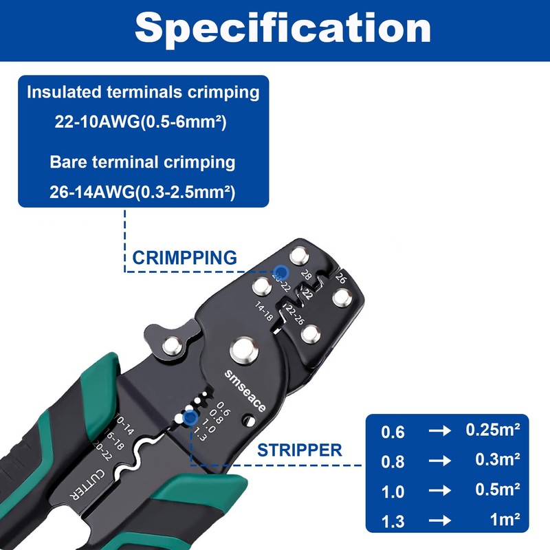 Tnisesm Wire Crimping Tool 26-10 AWG, Crimping Pliers with Stripper