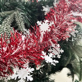 Red Christmas Snowflake Tinsel Garland, 10m / 32.8ft Christmas Tree Metallic Tinsel Xmas Tinsel Shiny Garland Thick Hanging Decorations for Christmas Party Home Decorations (Red)