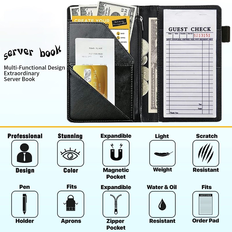 RAUEDWDJS Server Book for Waitress with Everlasting Pencil, Money Pocket