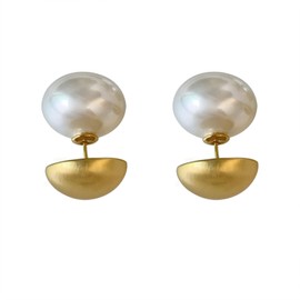 Double Sided Front Back Stud Earrings Half-ball Matte Faux Pearl Cartilage Ear Jacket Studs 2 In 1 Earring Fashion Jewelry Gifts Party Birthday (Gold)
