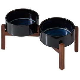 Havniva Ceramic 7.3inch Raised Double Dog Bowls Set with Acacia Wood Stand, Food & Water Bowls for Medium Breed Dogs, Weighted Pet Dishes(41oz, Starry Sky)