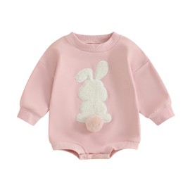 Beauace Infant Baby Girls Easter Jumpsuit Fuzzy Bunny Embroidery Crew Neck Long Sleeve Romper Baby Clothes for Girls (Pink, 0-6 Months)