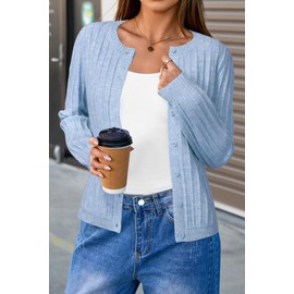 Arach&Cloz 2025 Fall Womens Fashion Cardigan Sweaters Cable Knit Puff Long Sleeves Crew Neck Button Down Cashmere Chunky Open Front Clothes Casual Cute Soft Wool Blend Warm Winter Outfit Blue L