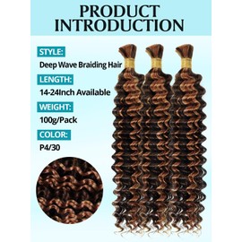 Ombre Honey Blonde Brown Human Braiding Hair for Boho Braids 100g 3 Bundles/Pack 18 Inch Curly Boho Hair for Braiding Knotless 12A Deep Wave Bulk Bohemian Color P4/30