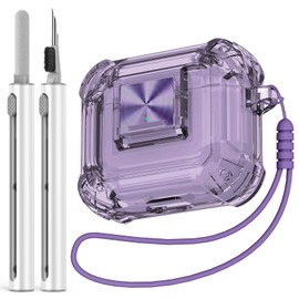Wowwat Airpods 3rd Generation Case with Security Lock Snap Switch, Clear Airpods Case 3rd Generation with Silicone Wrist Strap with Cleaning Kit - Clear Purple
