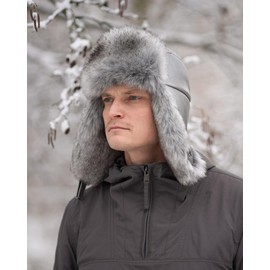 Futrzane Leather Trapper Hat - Russian Hats with Ear Flaps for Men - Bomber Hat (M, Silver - Silver Siberian)