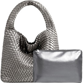 Women Vegan Leather Hand-Woven Tote Handbag Fashion Shoulder Top-handle Bag All-Match Underarm Bag with Purse (Gun silver)