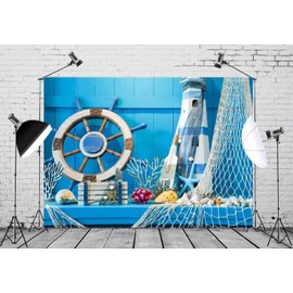 BELECO 7x5ft Fabric Nautical Backdrop Blue Wooden Wall Sailor Birthday Backdrop Sail Boat Steering Wheel Seashells Fishing Net Nautical Theme Baby Shower Birthday Party Decorations Studio Props