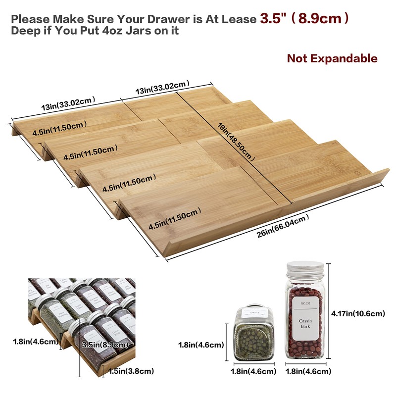 Angimio Bamboo Spice Rack Drawer Organizer - 8-Piece Set -