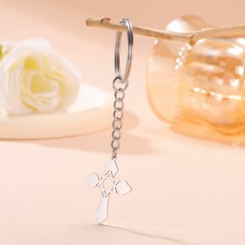 kkjoy Cross with Star of David Pendant Necklace Earrings Key Chain Stainless Steel Hexagram at the Cross Prayer Amulet Jewelry for Women Men
