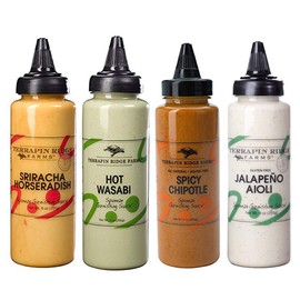 Flaming HOT 4 Pack - Sriracha Horseradish (9 oz), Spicy Chipotle (9 oz), Jalapeño Aioli (9 oz), and Hot Wasabi (9 oz) Garnishing Squeezes