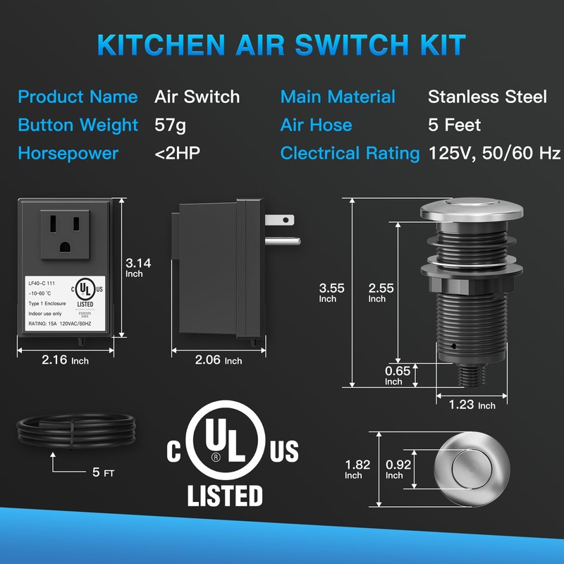 Garbage Disposal Air Switch Kit, UL Certified Garbage Disposal Button