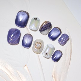 10 pcs Short Square Handmade Press-On Nails with 3D Purple Glitter Accents Rhinestones Nail Decoration for Holiday Nail Art Design, Suitable for Women and Girls (A06, XS)