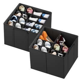 SpaceAid Shoe Organizer for Closet, 2 Pack Foldable Shoe Storage Containers Baskets Boxes Bins w/Adjustable Dividers, Fits 16-32 Pairs, Black