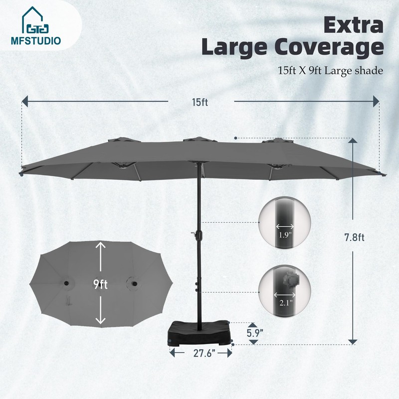 MFSTUDIO 15ft Double Sided Patio Umbrella with Base Included, Outdoor