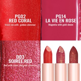 Oulac Moisture Red Lipstick Set 3PCS - Infinity High Shine Finish, Hydrating Vegan Lipstick Infused with Damask Rose Oil for All-Day Comfort, Gluten-Free, PG02+PG14+D03