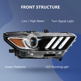 ECCPP Projector Headlight Assembly 2015-2020 For Ford Mustang w/LED DRL OE Style Headlamp Passenger Side (Black Housing Amber Reflector Clear Lens)