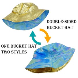 Laser Texture Retro 80s 90s Hip Hop Costume Kit 8 Pieces Faux Gold Chains Dollar Rings necklace Old School Rapper Sunglasses Reversible Bucket Hat Cosplay Party Bar Vintage Accessories Bundle for Men Women