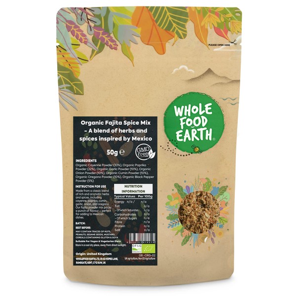 Whole Food Earth® - Organic Fajita Spice Mix - A blend of herbs and spices inspired by Mexico 50 g | GMO Free | Certified Organic