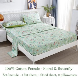 URBONUR Garden Floral Sheets Set Sage Green 4Pcs King Size, Egyptian Cotton Silky Cooling Bed Sheets Set, Wrinkle Resistant Deep Pocket 16 Inches (King, Green Leaves Butterfly & Floral)