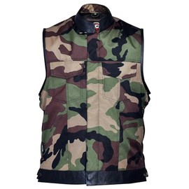 Military Print Camouflage Camo Cut Off Leather Lace Motorcycle Vest (US, Alpha, Large, Regular, Regular, Camouflage)