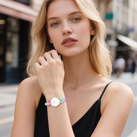 JewelryWe Women's Watch Elastic Hair Band Watch Women's Analogue Quartz Wrist Watch Colourful Braided Stretch Fabric Strap Ultra Thin Lightweight Headband Watch with Drawstring Strap - Gift for Women