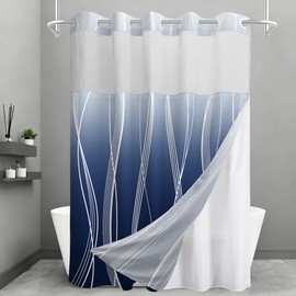 TWLSNCD Extra Long No Hook Shower Curtain and Liner Set, Ombre Navy Blue Striped Shower Curtains with Snap in Fabric Liner, Hotel Ringless Waterproof Washable with See Through Top Window, 71" x 84"
