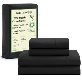 LANE LINEN LANE LINEN 100% Organic Cotton Queen Size Sheets Set, Machine Wash Fully Elasticized Naturally Cooling Percale Weave Queen Size Deep Pocket Sheet Sets, Low Pill Eco Friendly Bed Sheets- Black