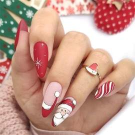 Santa Claus Snowflakes Deer Almond Shaped Full Cover Acrylic Fake Nails Merry Christmas Press On False Nails Medium Length for Women Lady Reusable Nails for Home DIY Nail Art 24PCS (CHD11)