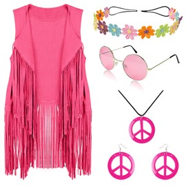 FunMular 60s 70s Outfits for Women Hippie Costume Set Peace Sign Earring Headband Fringe Vest Tassel Cardigan (Pink, 3XL)