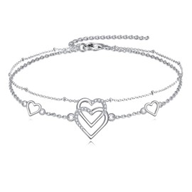VONALA - Tobillera de corazón de plata de ley 925 ajustable con cadena de abalorios en capas, para la playa y el pie de la playa, regalos para mujeres, 7+2INCHI, Plata, Circonita cúbica