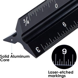 Architectural Scale Ruler, Imperial Measurements 12'', Laser-Etched Aluminum Architect Triangular Ruler Black for Architects, Students, Draftsman, and Engineers
