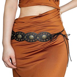 Western Chunky Wide Disc Belt for Women Plus-Size Boho Hollow Concho PU Leather Lace-up Brown Cowgirl Waist Belt for Dresses Jeans