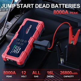 8000A Jump Starter with Air Compressor, 26800mAh 150PSI Portable Car Battery Jump Starter (All Gas/16L Diesel), 12V Supersafe Jump Box Car Battery Booster with Jumper Cables, Lights, Cigarette Lighter