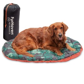 Furhaven Outdoor Travel Dog Bed for Large/Medium Dogs w/ Carry Bag, Washable & Foldable, Great for Crates & Kennels - Trail Pup Travel Pillow Mat w/ Stuff Sack Bag - Paprika/Camo-Paw, Large