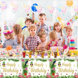 Dvaorc 4 Pack Hawaiian Luau Tablecloths Hawaii Disposable Plastic Table Covers Tropical Table Cloth Summer Beach Birthday Party Tablecloth Palm Leaves Tablecloth (51X86 inch, Hawaiian Happy Birthday)