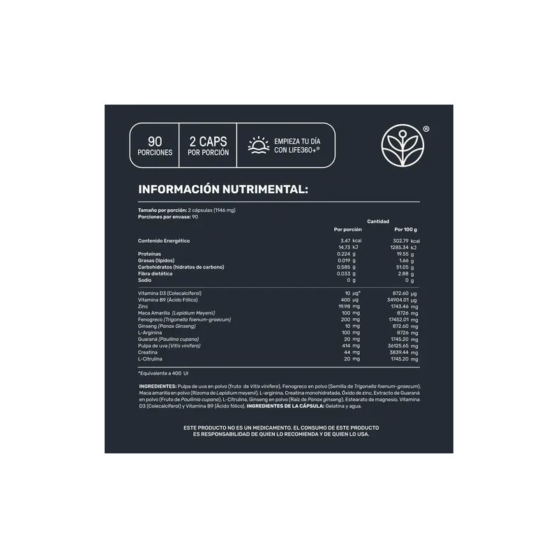 Testo Platinum Life 360+ 180 Cápsulas Fenogreco Ginseng Maca
