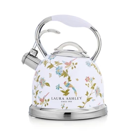 Laura Ashley Elveden White Stovetop Kettle with Whistle - 2.5L Fast Boil Stainless Steel Kettle Stove Top - Silicon Coated Cool Handle Camping Kettle for Gas, Induction Hob - Compatible with Aga Stove