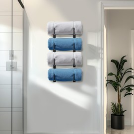 Josmimic Bathroom Rolled Towel Rack: 4-Tier Wall Mounted Towel Storage Holder, Hanging Organizer for Towels, Blankets, Large Bath Sheets, Space Saving in RV, Closet, Toilet, Cabinet, Black Metal