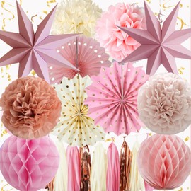 Pink Party Decorations, Dusty Pink Birthday Decoration,15PCS Boho Decorations for Women Men Girl Boy,Hanging Backdrop Decor for Engagement,Boho Wedding,Baby Shower,Bridal Shower,Garden Party